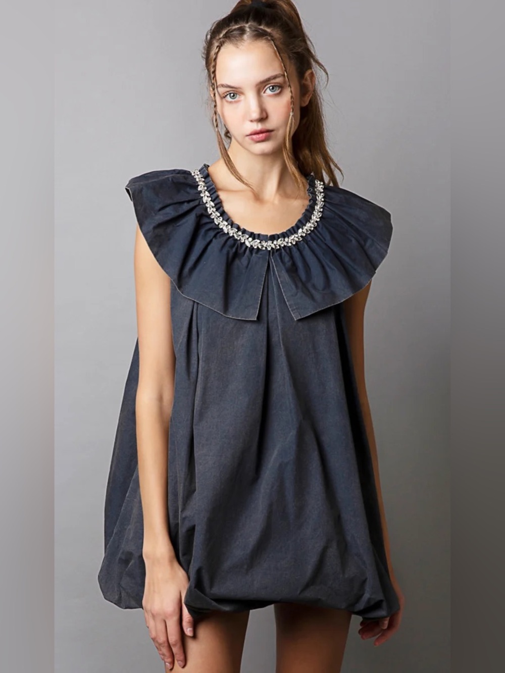 POL Dark Navy Ruffle Collar Sleeveless Mini Bubble Dress with Jeweled Neckline